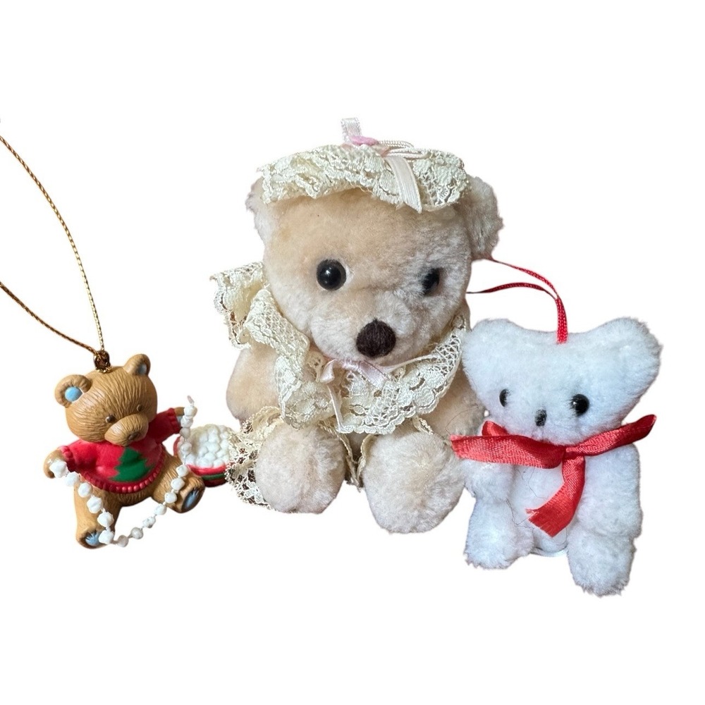 Vintage Teddy Bear Christmas Tree Holiday Ornaments Lot of 3 Russ Plush Resin